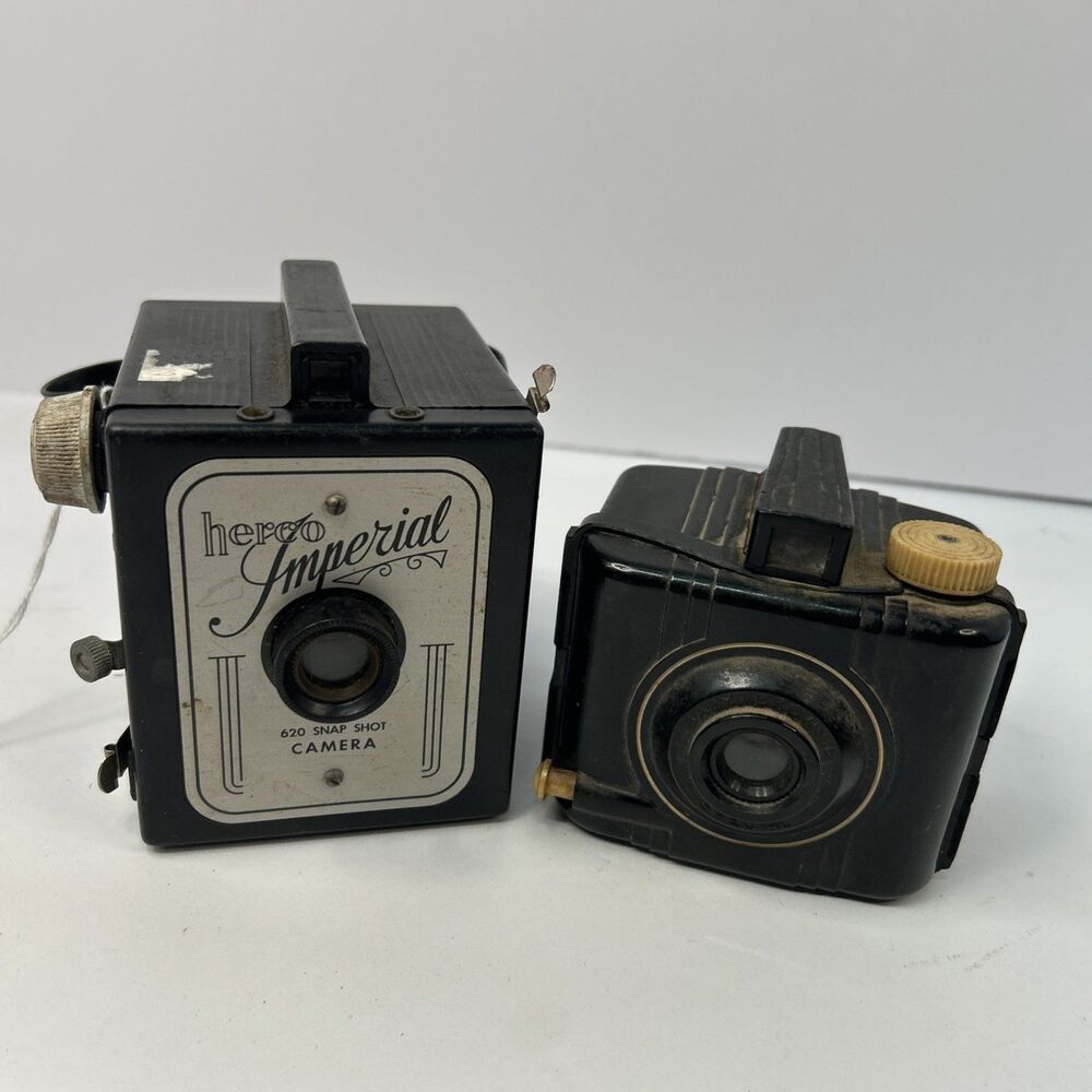 Vintage Art Deco Box Camera Lot Herco Imperial 620 & Antique Falcon Miniature